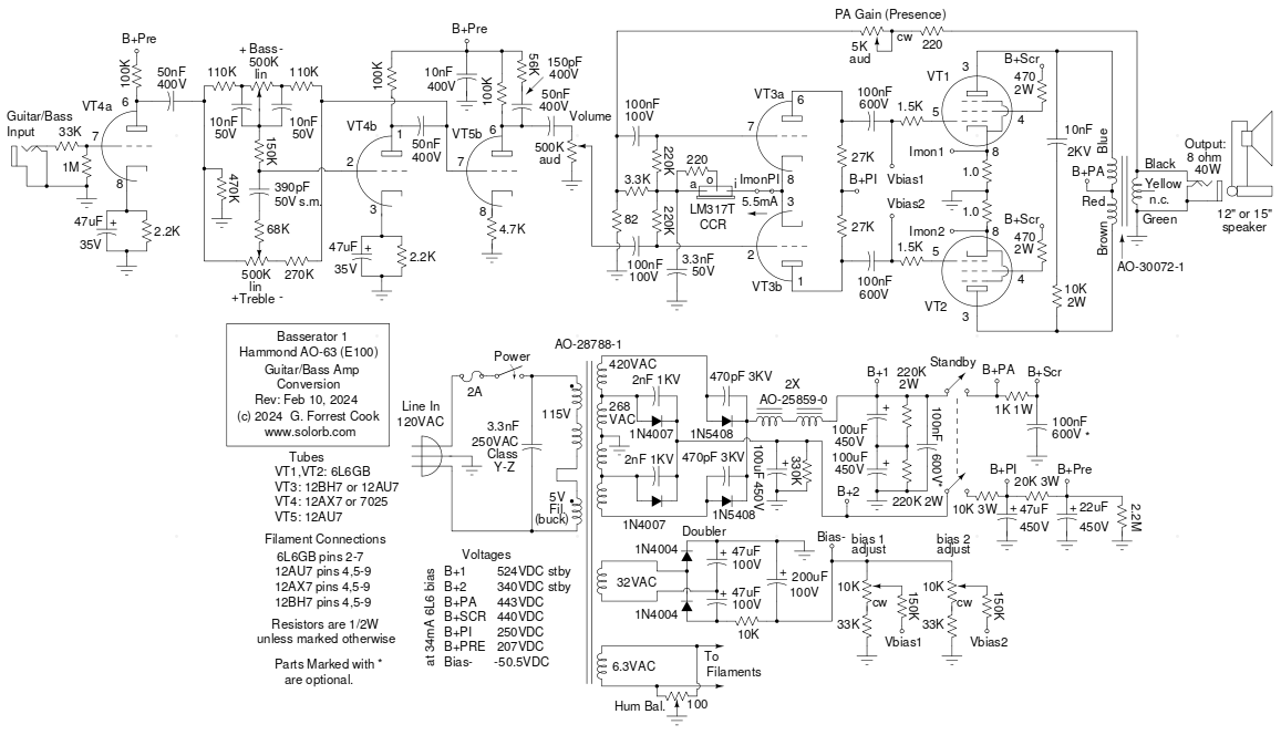 Schematic of the Basserator 1 Hammond AO-63 amp conversion
