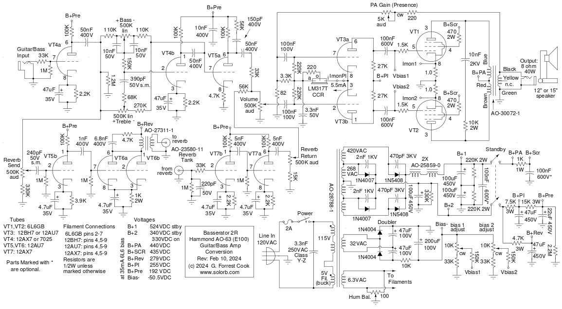 Schematic of the Basserator 2R AO-63 amp conversion