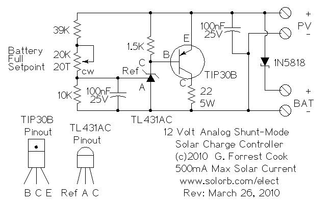 Analog solar shunt-mode charge controller schematic