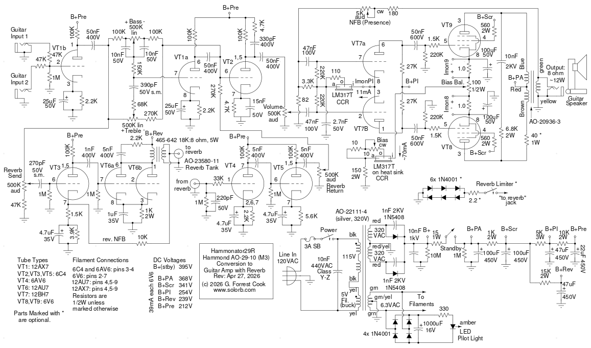 Schematic of the Hammonator 29R Hammond AO-29 amp conversion